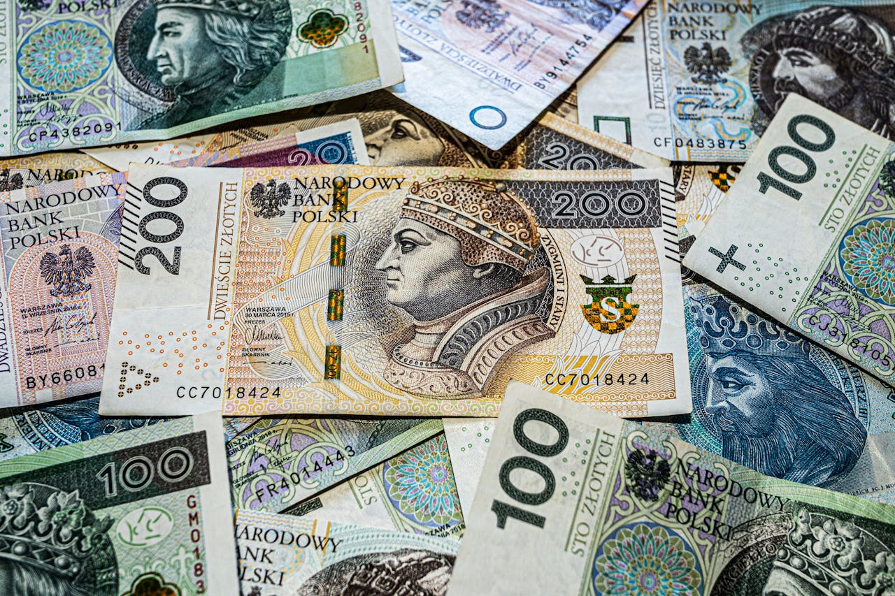 Colorful Polish Zloty banknotes from Narodowy Bank Polski in vibrant composition.